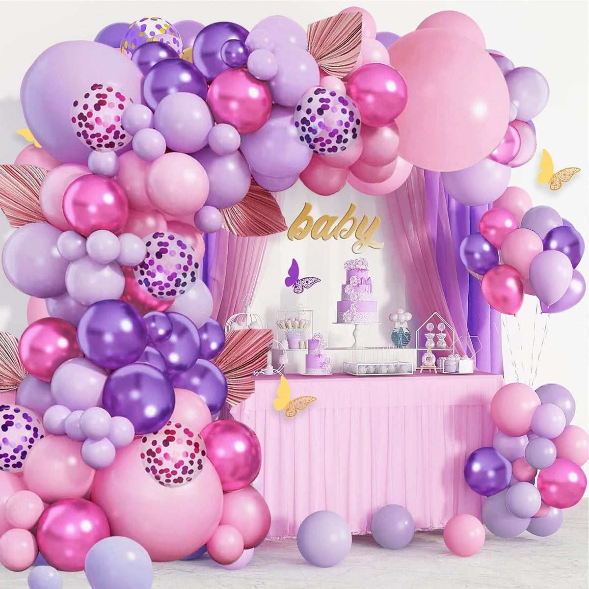 Pink and Purple Balloons,50Pcs 12 Inch Purple Pink Metallic Confetti Balloons with Ribbon for Girls