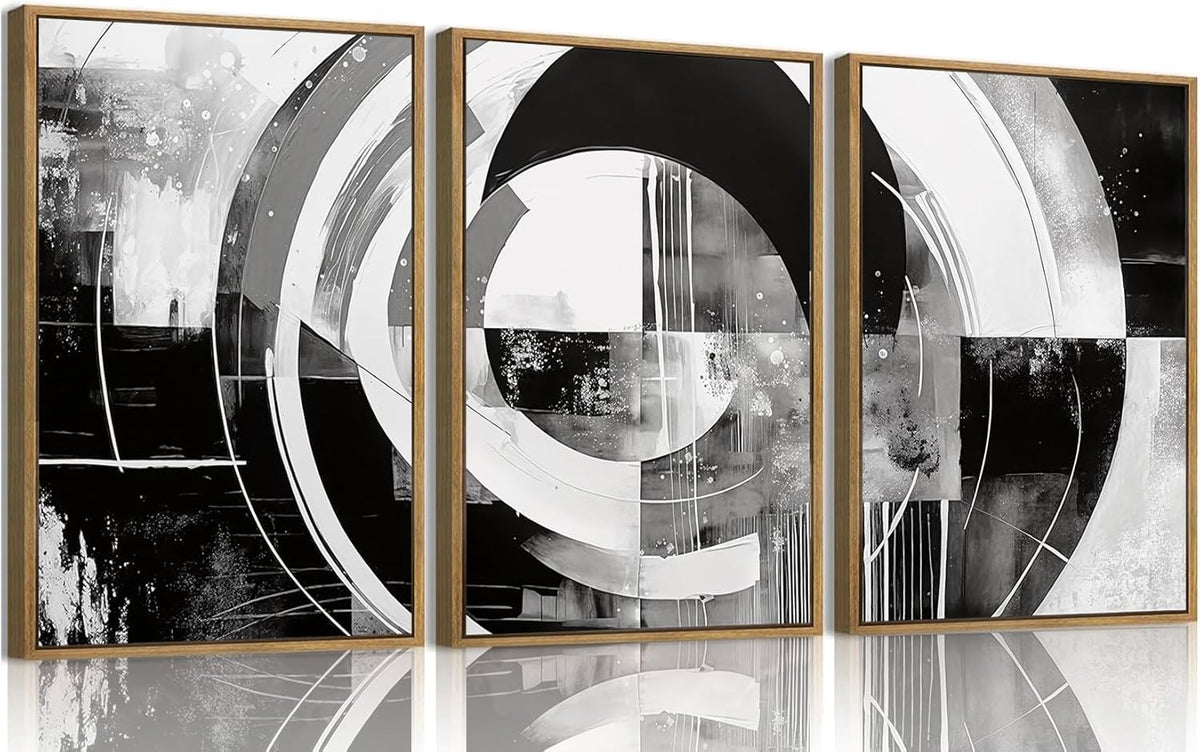 myusuar 3 Piece Large Modern Abstract Canvas Framed Wall Art For Living Room, Black And White Rings