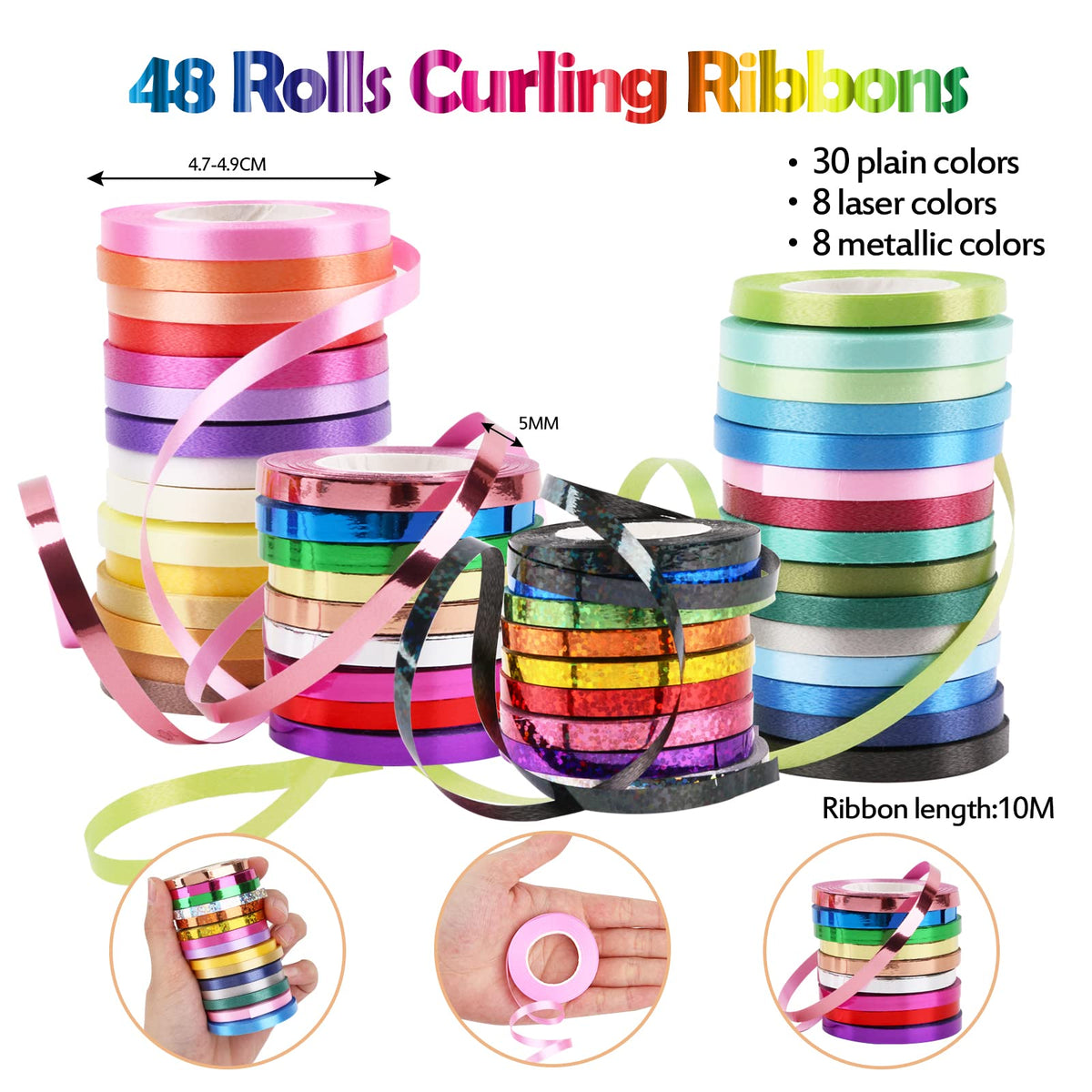48 Rolls Curling Balloon String Roll Ribbons, 48 Colors 5mm 11 Yards Gift Wrapping Ribbons for Art