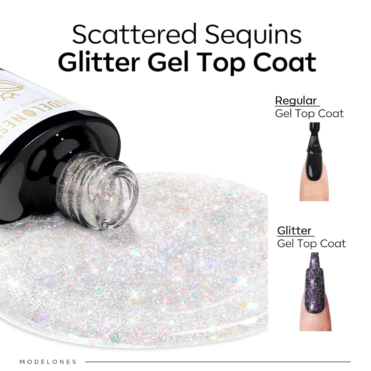 modelones Glitter Gel Nail Polish Top Coat, Rainbow Confetti Gel Top Coat with Scattered Sparkle