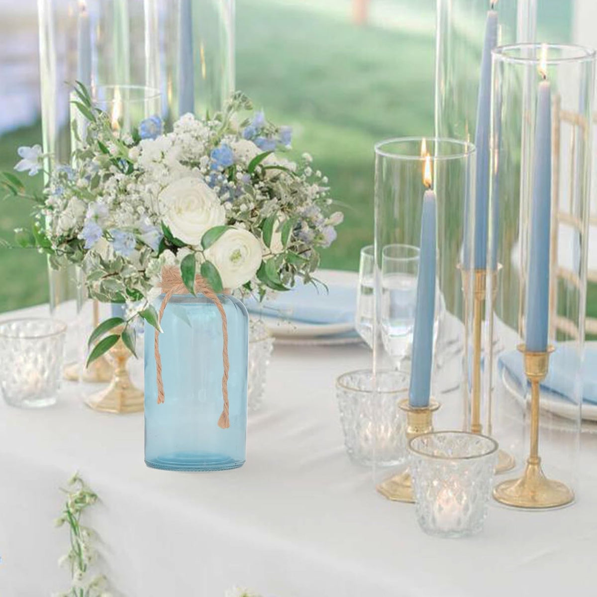 Vintage Glass Flower Vase，12 Pack Blue Farmhouse Glass Centerpiece Vases Mason Jars for Weddings