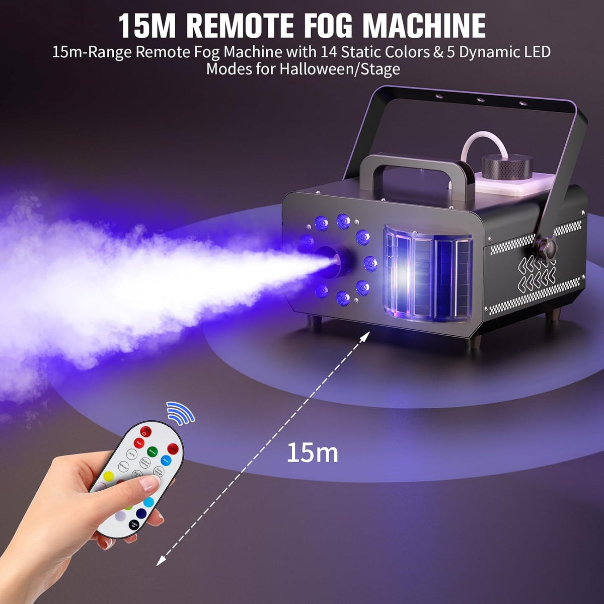 Fog Machine with 9 RGBW LED Lights, 1200W Professional Smoke Machine, 1L Tank, 3000CFM Output, 14