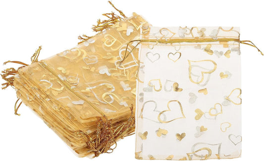 PATIKIL 100 Pcs 5x7 Inch Heart Printed Organza Bags, Gold Sheer Heart Organza Bags with Drawstring