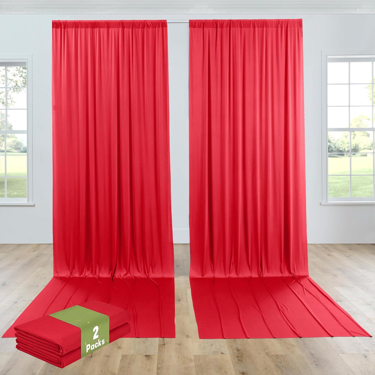 PartyVillage 10ft×15ft Red Backdrop Curtain for Wedding Parties, 2 Panels Wrinkle Free 15 FT Long