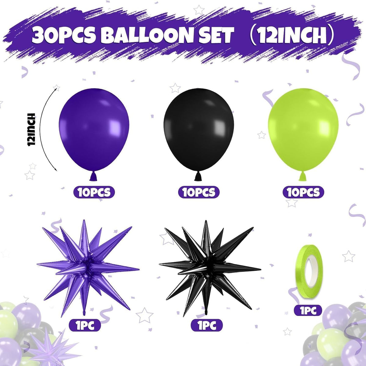 Purple Green Black Balloons, 12 Inch Fruit Green Dark Purple Black Balloons with Star Foil Balloon