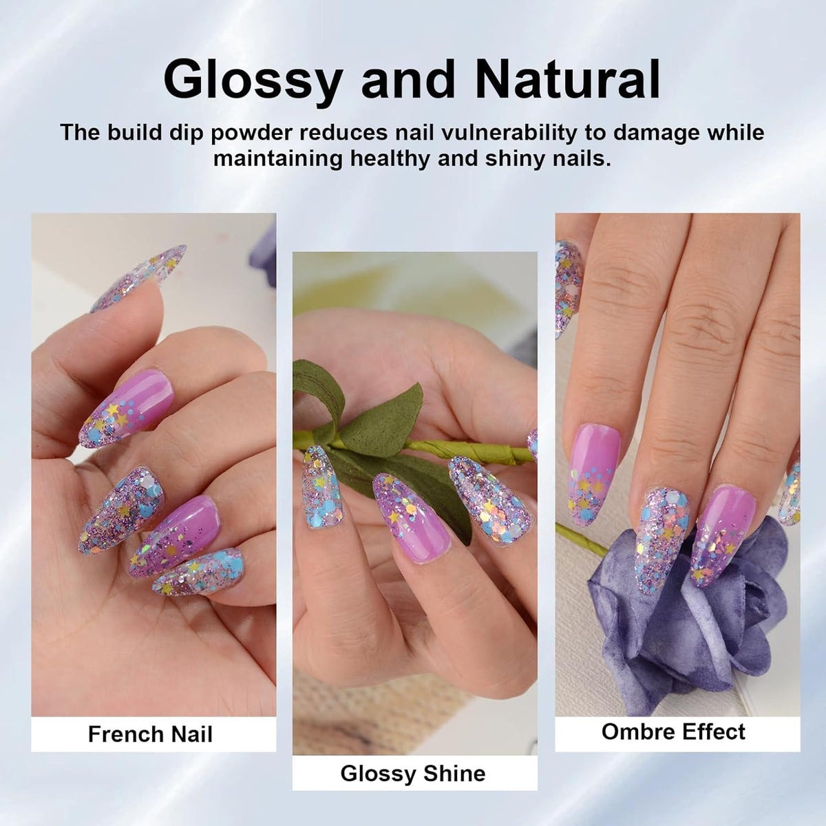 Long Lasting Nail Dip Powder Colors, Lavender Purple Blue Glitter Dipping Powder - No Needed Led