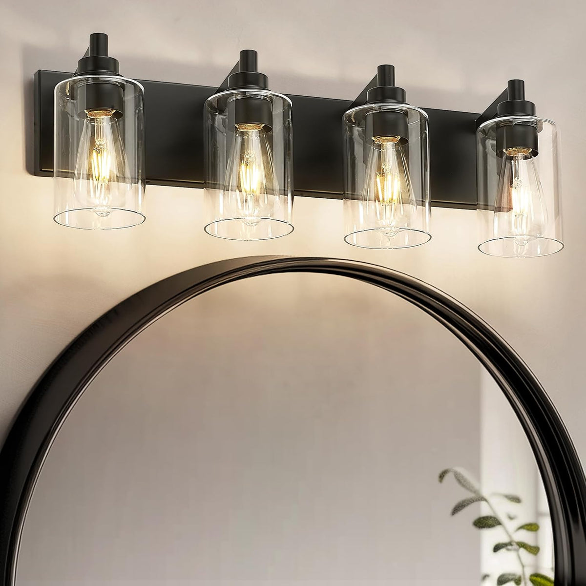 4-Light Bathroom Light Fixtures, Black Vanity Light with Cylinder Clear Glass Shade, Modern Vanity