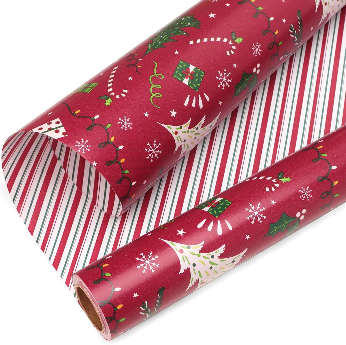 Ribbli Christmas Wrapping Paper Reversible Christmas Tree and Red Green Stripe Gift Wrapping