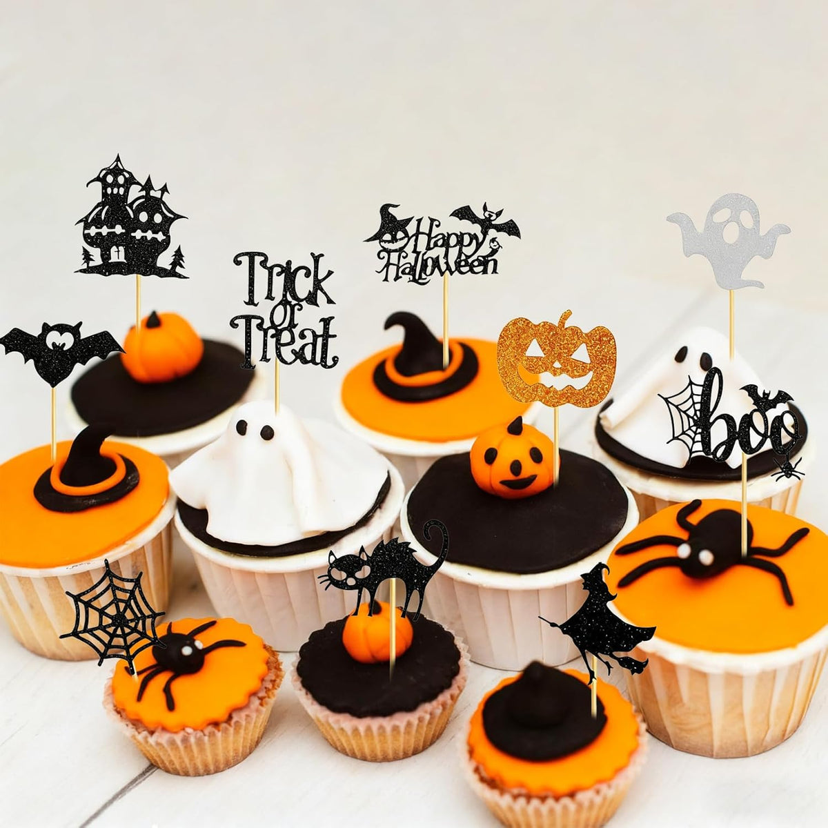 60Pcs Halloween Cupcake Toppers, Bat Pumpkin Ghost Cupcake Decorations for Halloween Party