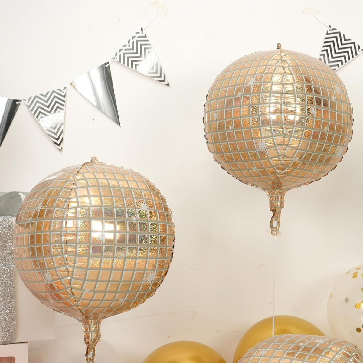 Disco Ball Balloons 4PC,Foil Disco Balloons 22 Inch 4D Round White Gold Balloon for 70s 80s
