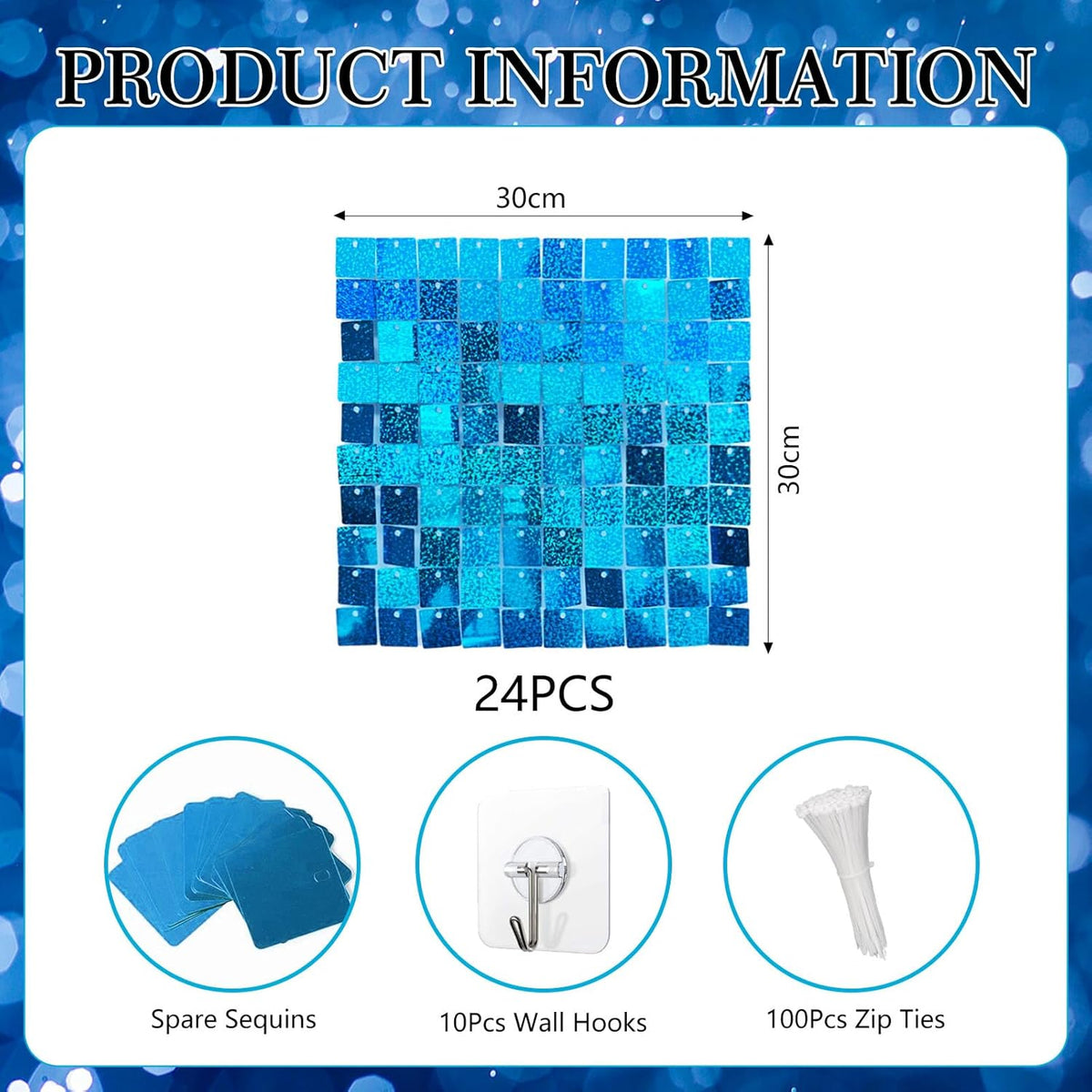 24PCS Lake Blue Shimmer Wall Backdrop, Laser Square Sequin Photo Backdrops Panel, Glitter Wall