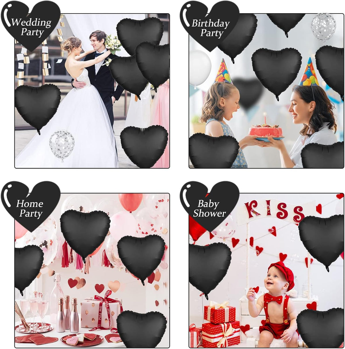 Foil Heart Balloons - 10 Black Heart Shaped Balloons, 18inch Metallic Foil for Valentines Day