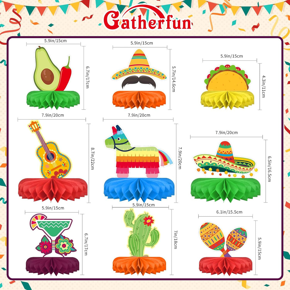 Fiesta Party Decorations - Authentic Mexican Themed Honeycomb Centerpiece for Cinco De Mayo, Taco