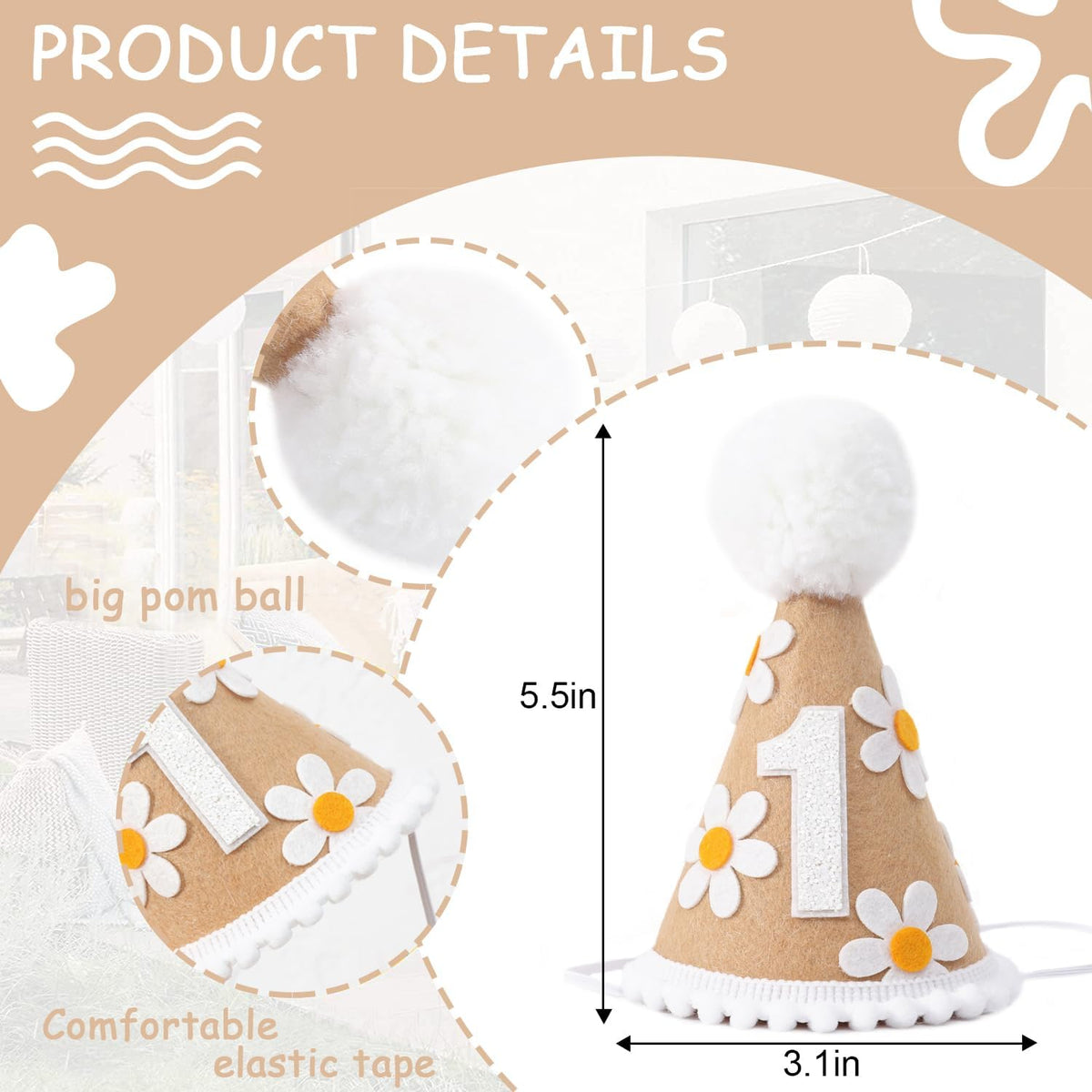 WAWUO Sweet Daisy Themed Birthday Hat - Party Decorations for Baby Girl or Boy's First Birthday