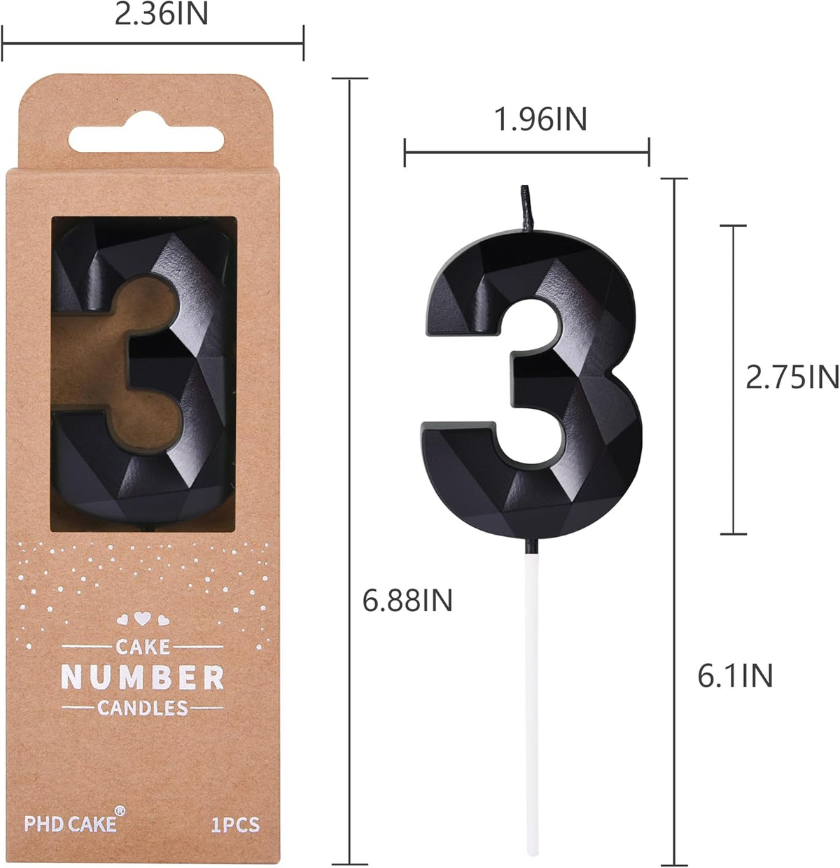 PHD CAKE 2.76 Inch Crystal Black 3 Number Birthday Candles, Red Number Candles, Cake Number