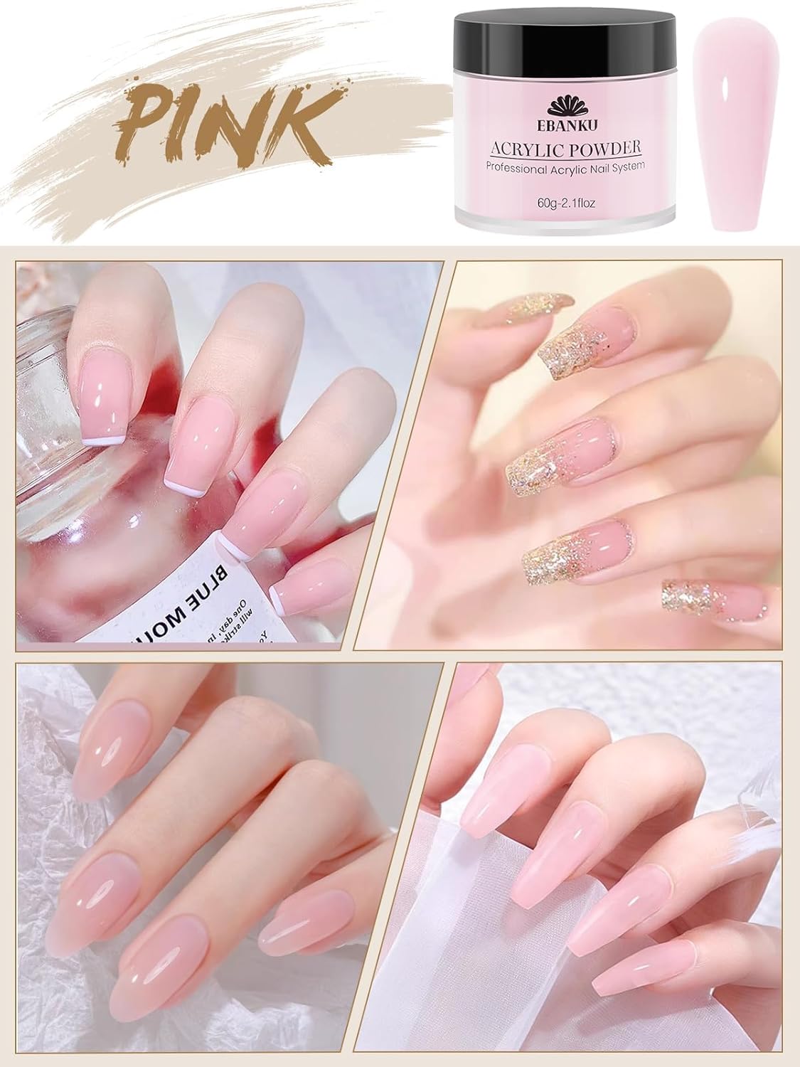 EBANKU Nude Pink Acrylic Powder for Nails, Long Lasting 3D Fingernail Carving & Nail Extensions