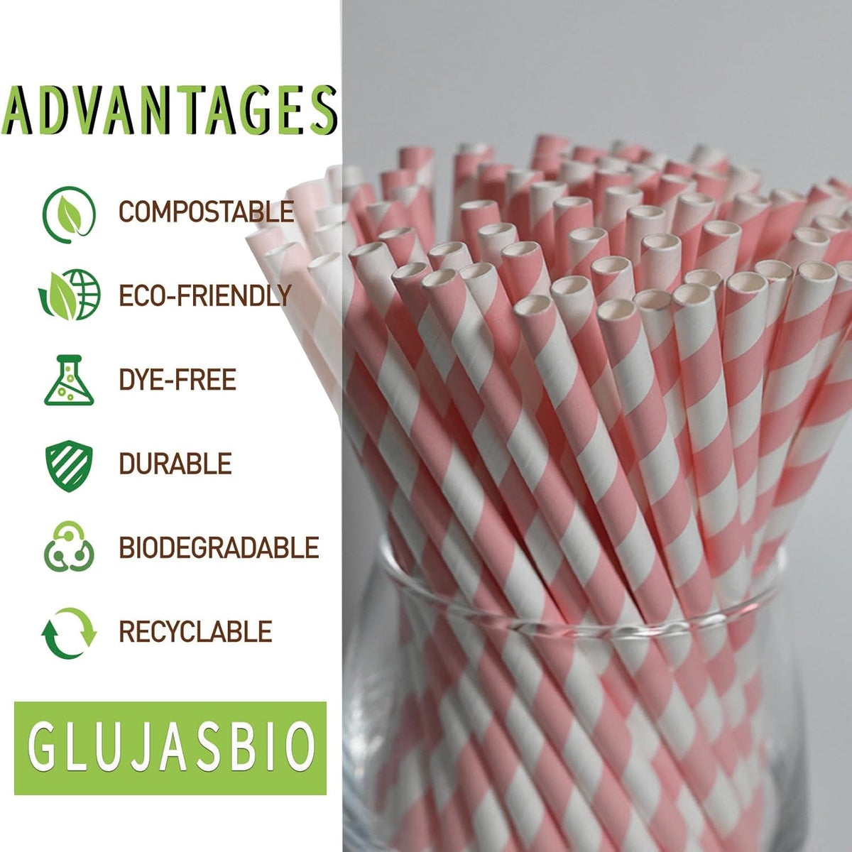 Paper Straws Disposable Pink White - Compostable Drinking Straws for Cocktail, Coffee, Party