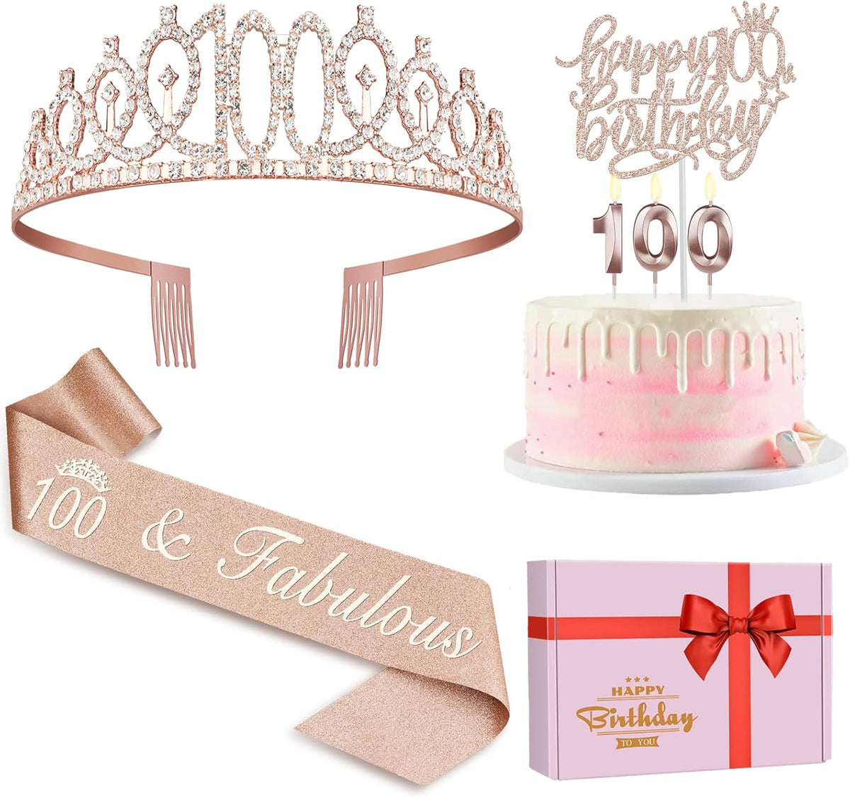 100th Birthday Decorations Women, Including Birthday Crown/Tiara, Sash, Cake Topper and Candles