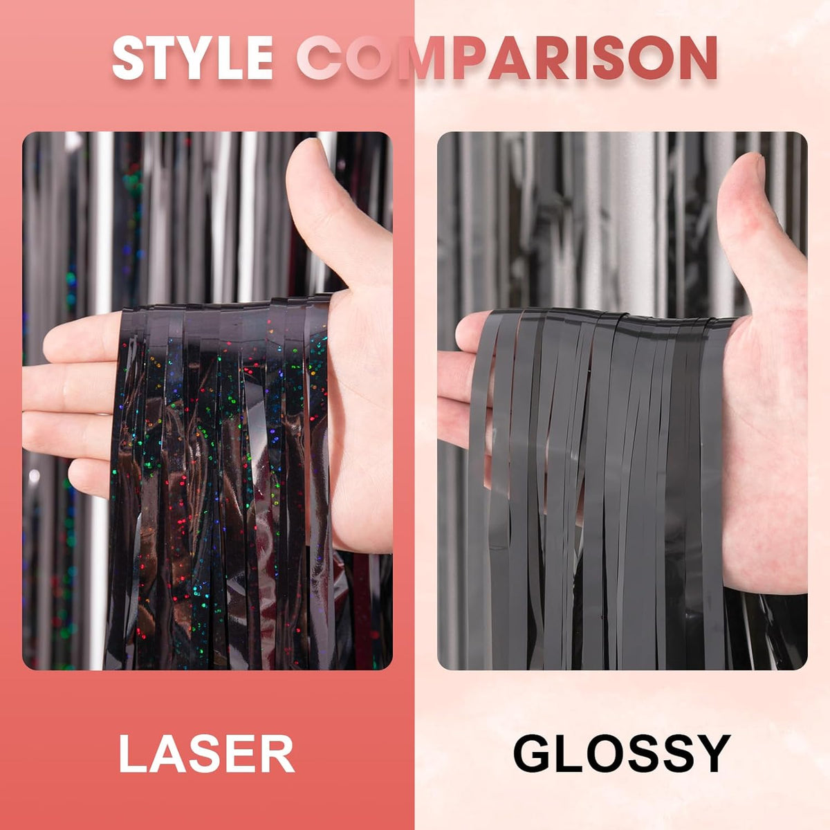 2 Pack Laser Black Tinsel Foil Fringe Curtains, Black Party Decorations, Metallic Tinsel Party