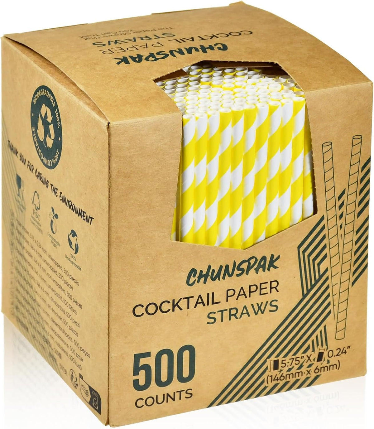 5.75 inch Short Yellow Paper Drinking Straws for Cocktail, Coffee, Mixed Drinks, 500 Counts