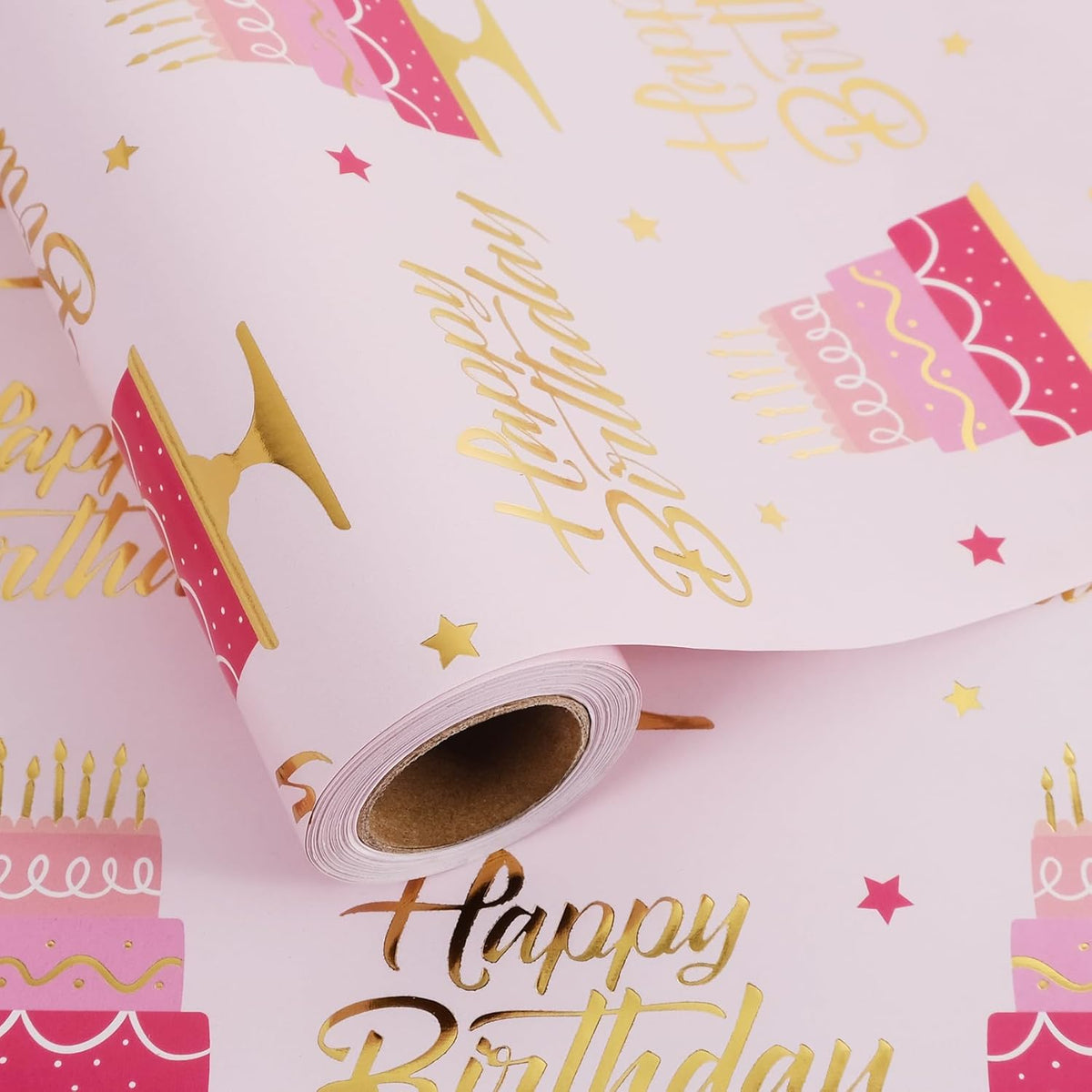 Aimyoo Pink Birthday Wrapping Paper Roll - 17 Inch X 32.8 Feet - Gold Foil Celebration Cake, Happy