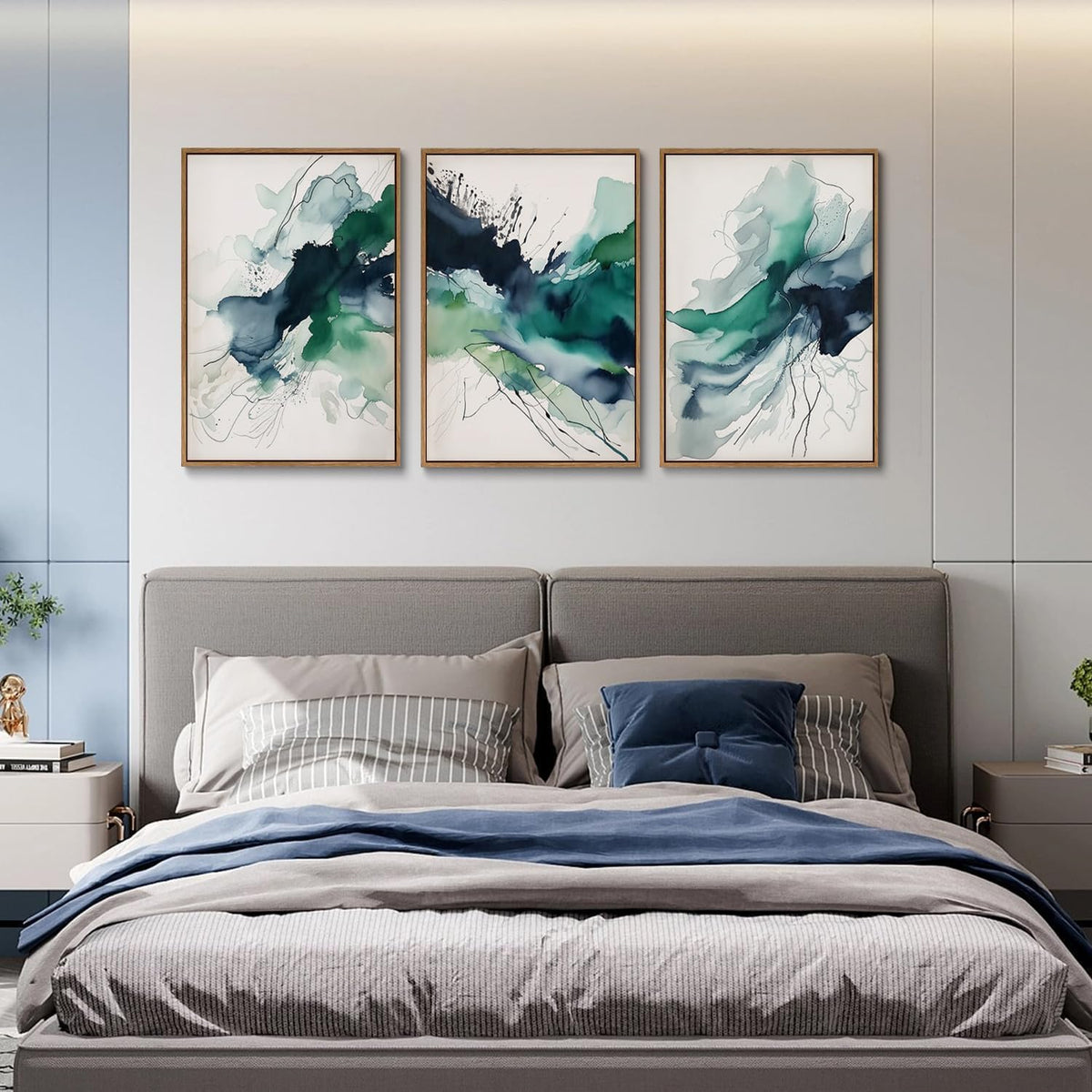 myusuar 3 Piece Large Abstract Framed Wall Art For Living Room, Smoke Texture Ink Emerald Green