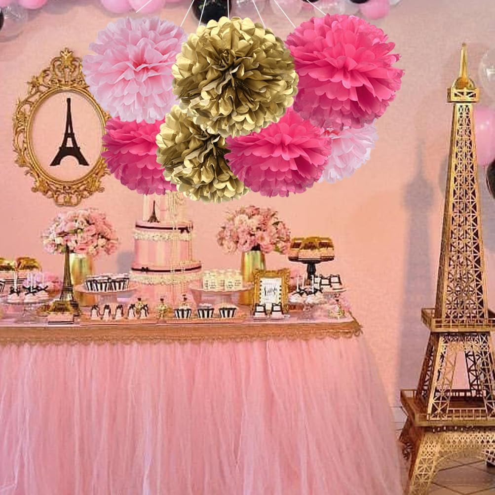 Gold Hot Pink and Pink Paper Flower Tissue Pom Poms for Baby Shower Bridal Engagement Bachelor