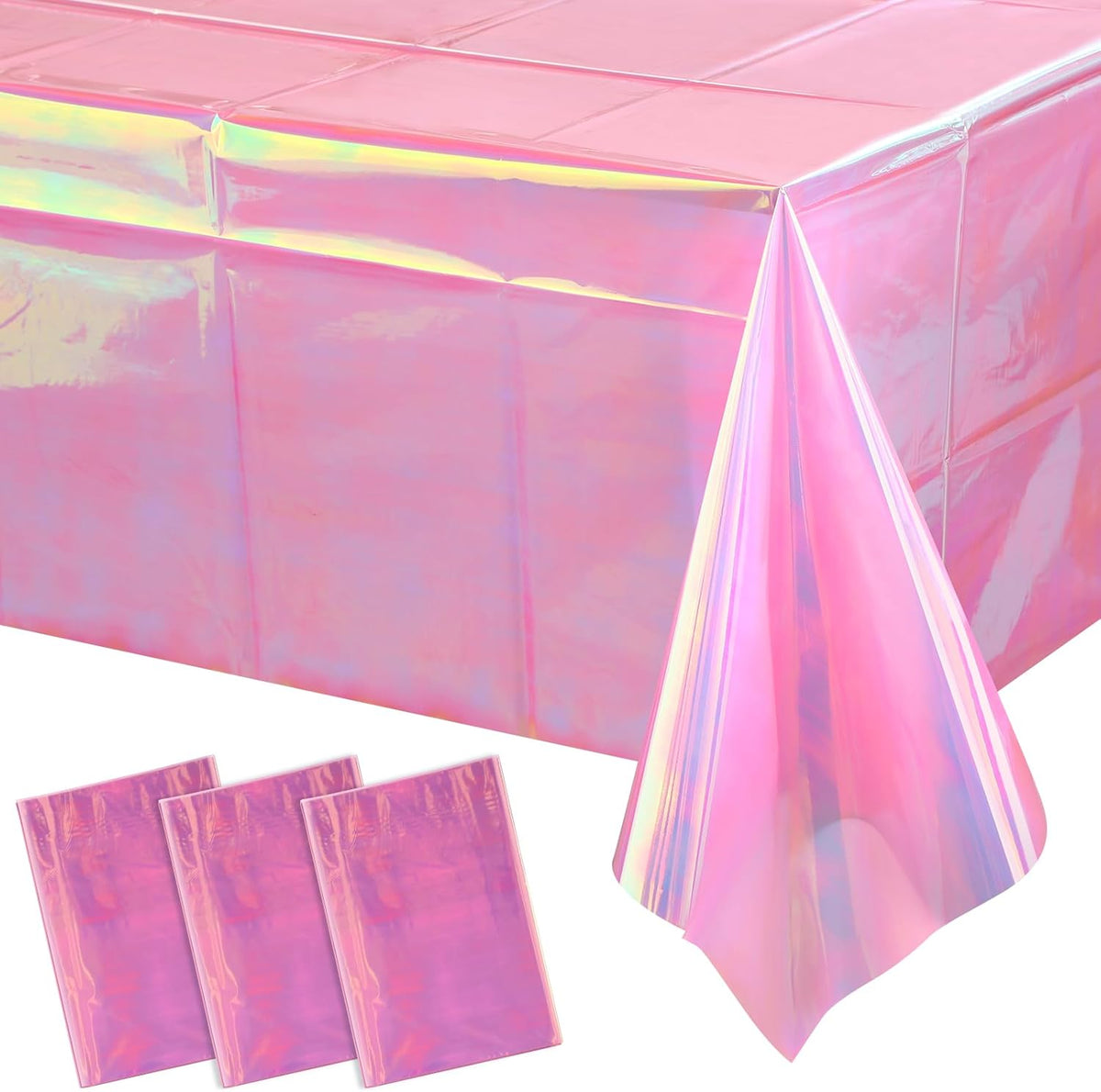 3 Pack Iridescent Plastic Tablecloth, Shiny Disposable Laser Rectangle Table Covers, Holographic