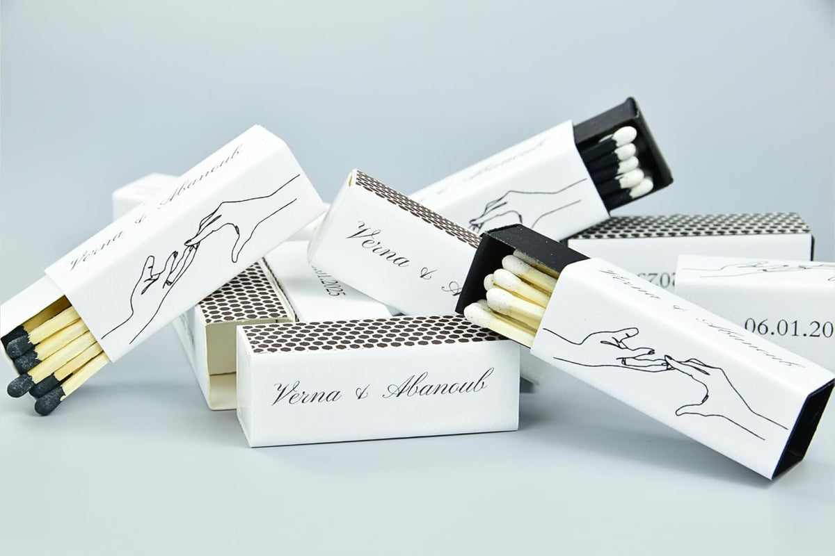 10 Boxes - Customized Matchboxes Colorful Tips (Wedding Design #5, 4" Matchboxes) (2" Matchsticks