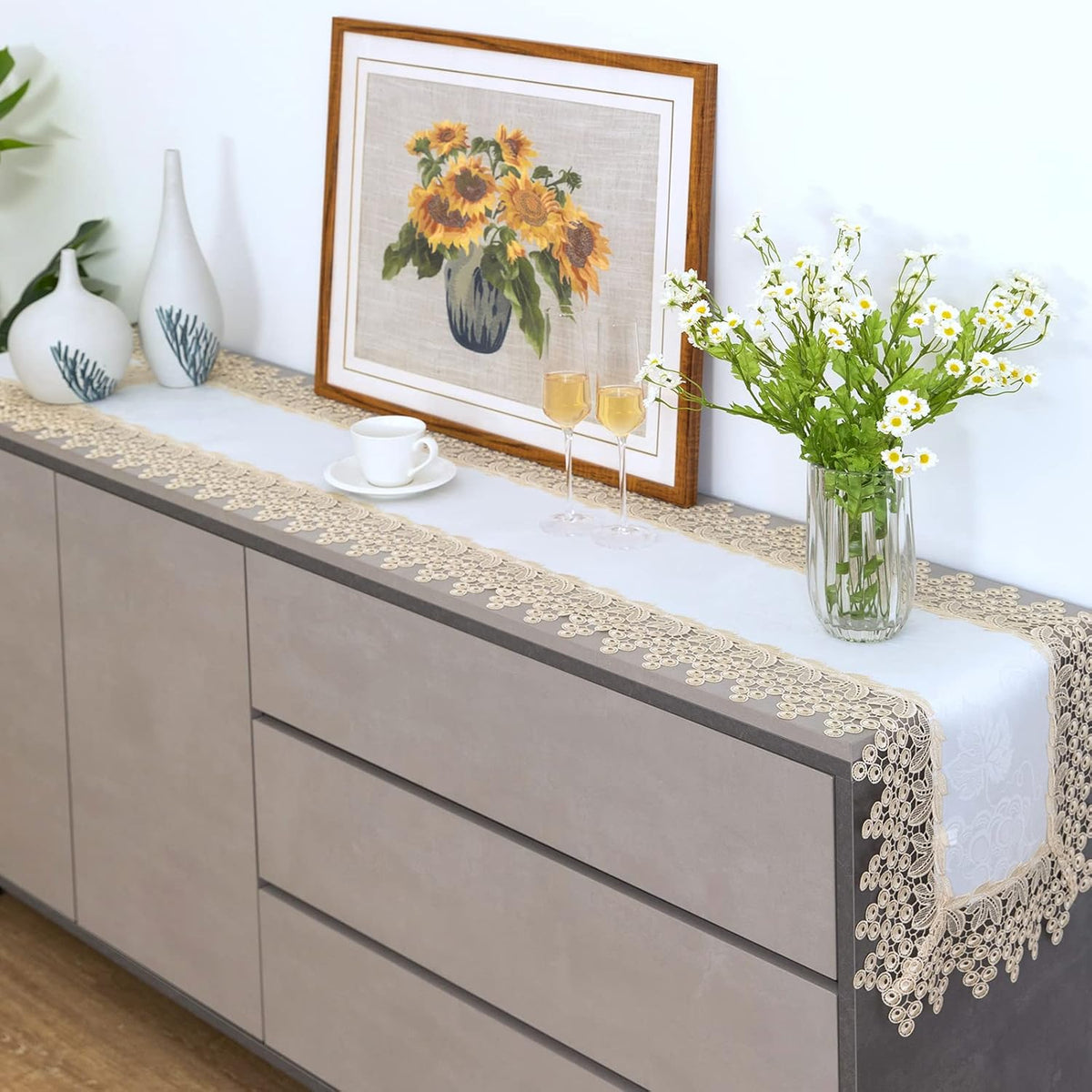 Beige lace Premium Rectangle Farmhouse Table Runner Waterproof OilProof SpillProof AntiShrink Soft