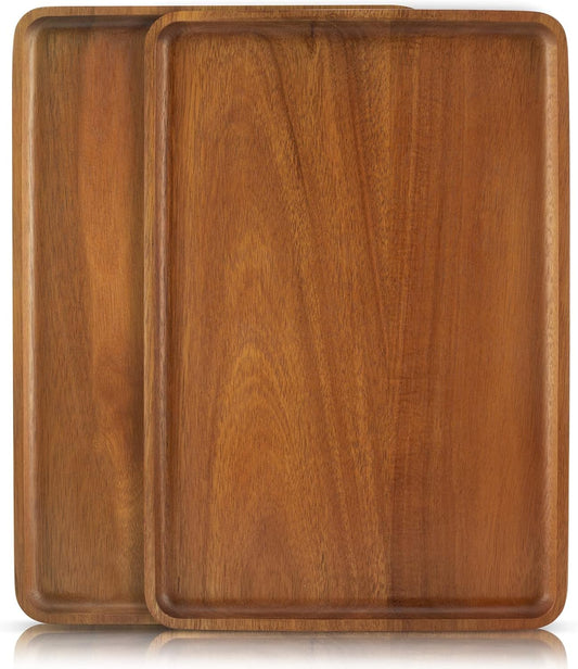 2 PCS 13 x 9 in Solid Acacia Wood Serving Trays Rectangular Wooden Serving Platters Natural Wooden