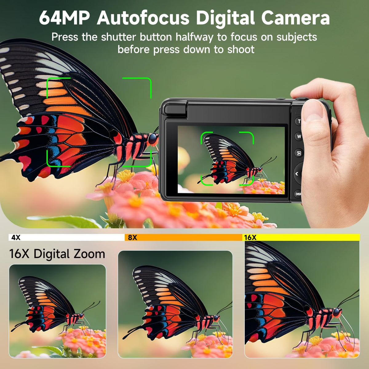 4K Digital Camera for Photography, Autofocus 64MP Vlogging Camera for YouTube with 3" 180° Flip