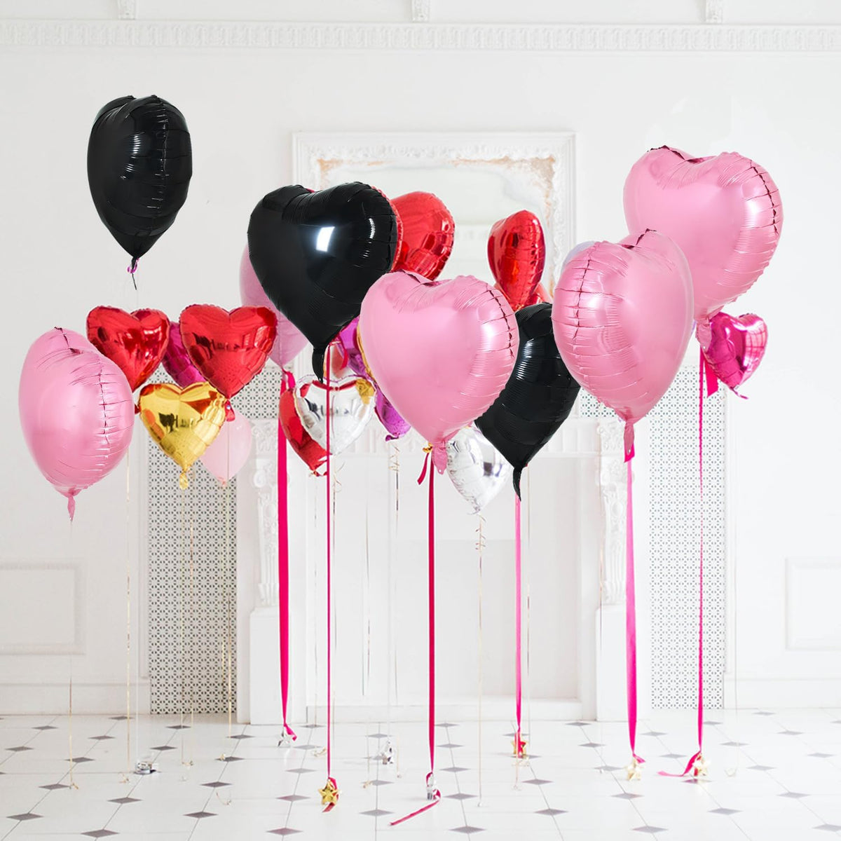 TONIFUL 30Pcs 18 Inch Pink Black Heart Balloons Valentine’s Day Heart Shape Foil Mylar Balloons