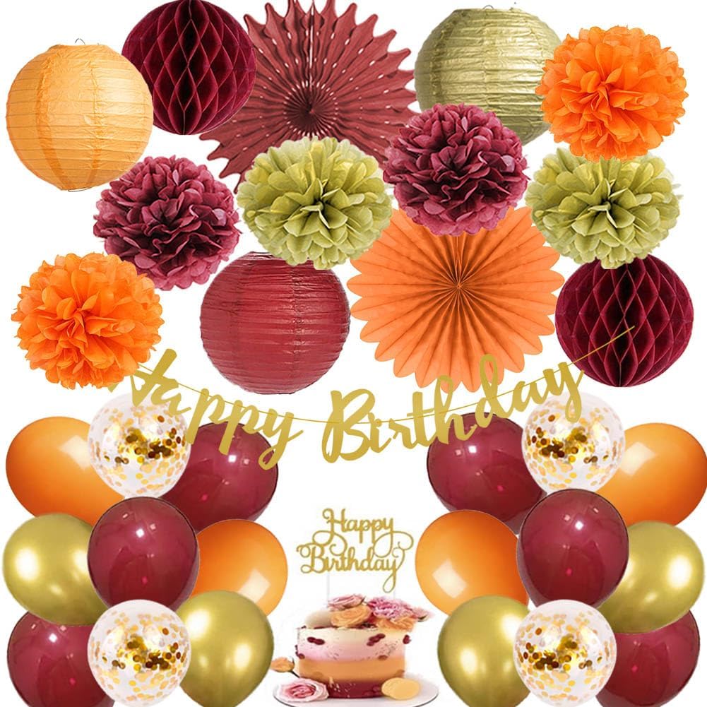 Fall Birthday Decorations Burgundy and Orange Party Decorations Pom Poms Flowers Paper Lanterns