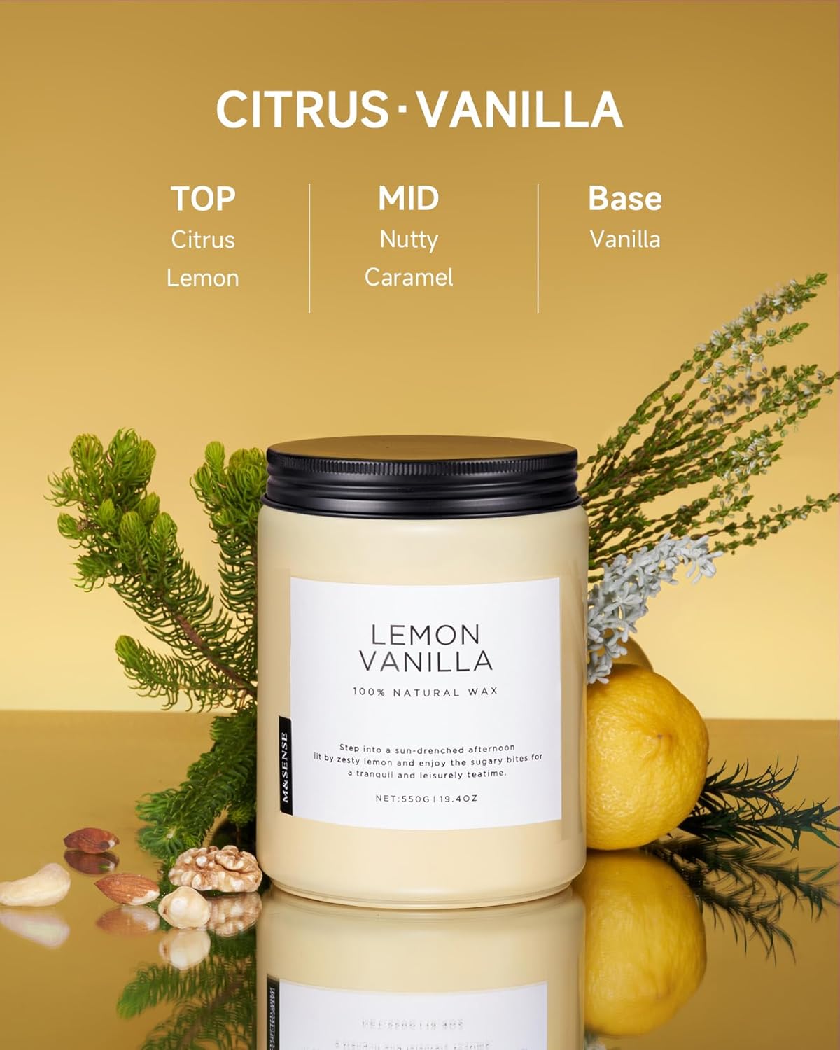 M&SENSE Candles Lemon Vanilla Scented, 19.4oz 110 Hours Long Lasting for Home 2 Wick Natural Soy