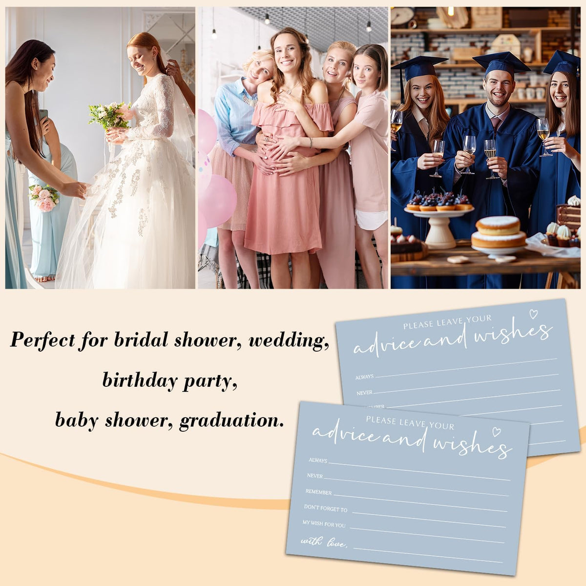 25 Advice and Wishes Cards, Minimalism Blue Fill-In Advice Cards for Bridal Shower Wedding Birthday