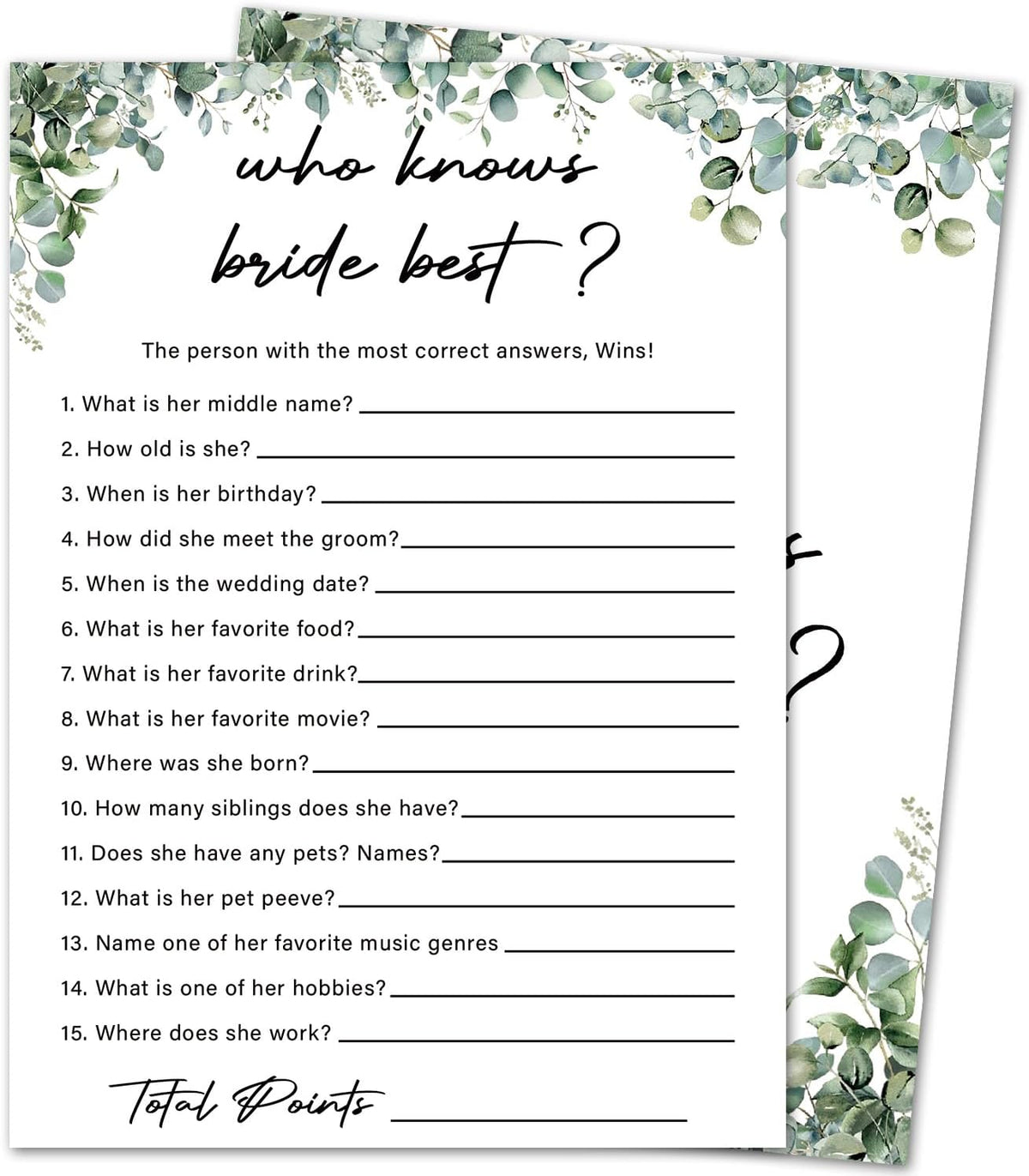 Eucalyptus Bridal Shower Game Cards - Who Knows Bride Best, Wedding Engagement Bachelorette Party
