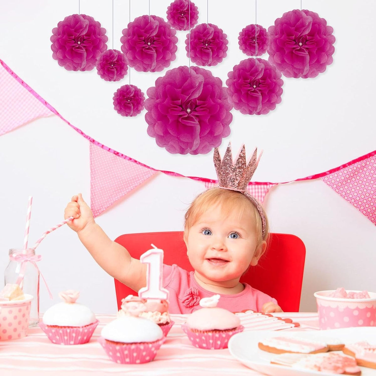 Tissue Paper Pom Poms, Fuchsia Tissue Paper Flowers, Hanging Flower Balls for Weddings Fiesta