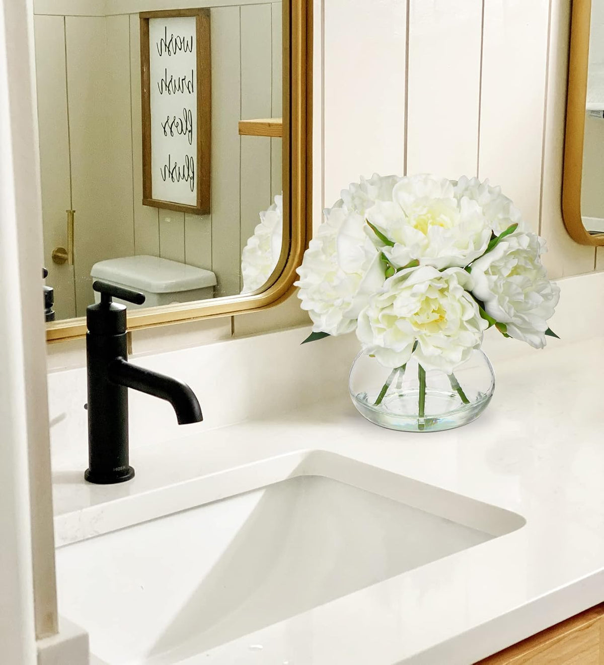 Hollyone Fake Flowers White Peonies Artificial Flowers Faux Flowers with Vase Peony Silk Flower