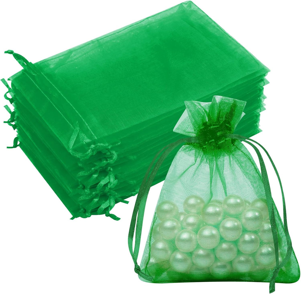 50 Pcs 3x4 Inch Christmas Green Organza Bags, Mesh Bags Drawstring Small Pouch Bag for Christmas