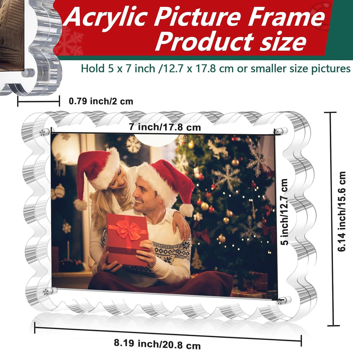 3 Pack Magnetic Acrylic Picture Frames 5x7 Inch - Freestanding Scalloped Magnet Photo Frame with