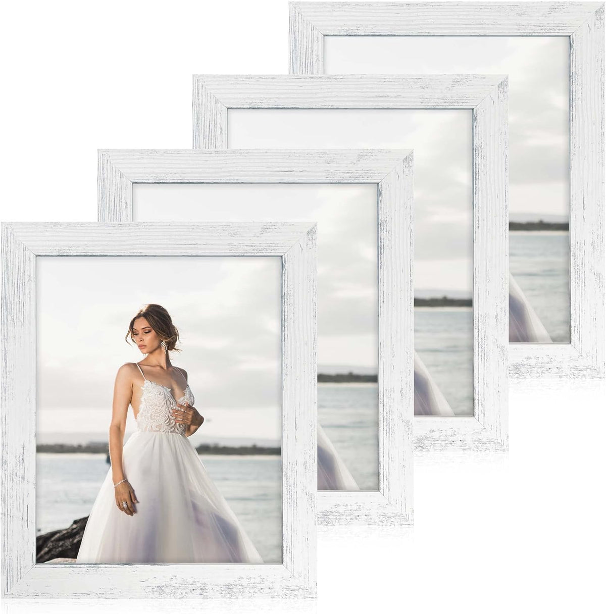 8x10 Picture Frame Set of 4, High Definition Glass Distressed White Frame, 8 x 10 Wood Photo Frames