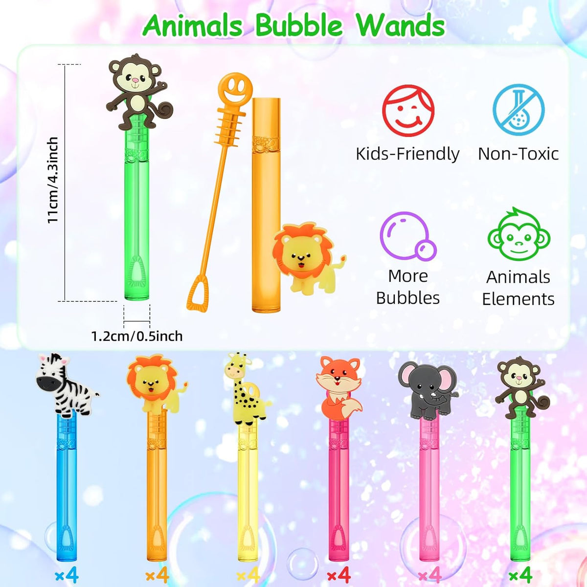 24 Jungle Animal Party Favors Bubble Wands for Kids, Lion Fox Zebra Giraffe Safari Mini Bubbles