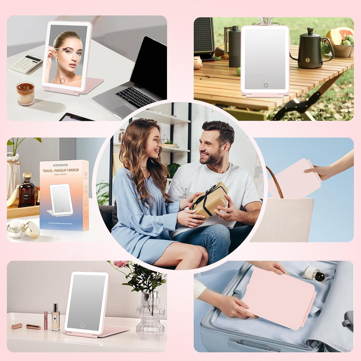FUNTOUCH Rechargeable Travel Makeup Mirror with 72 Led Lights, Portable Lighted Makeup Mirror, 3