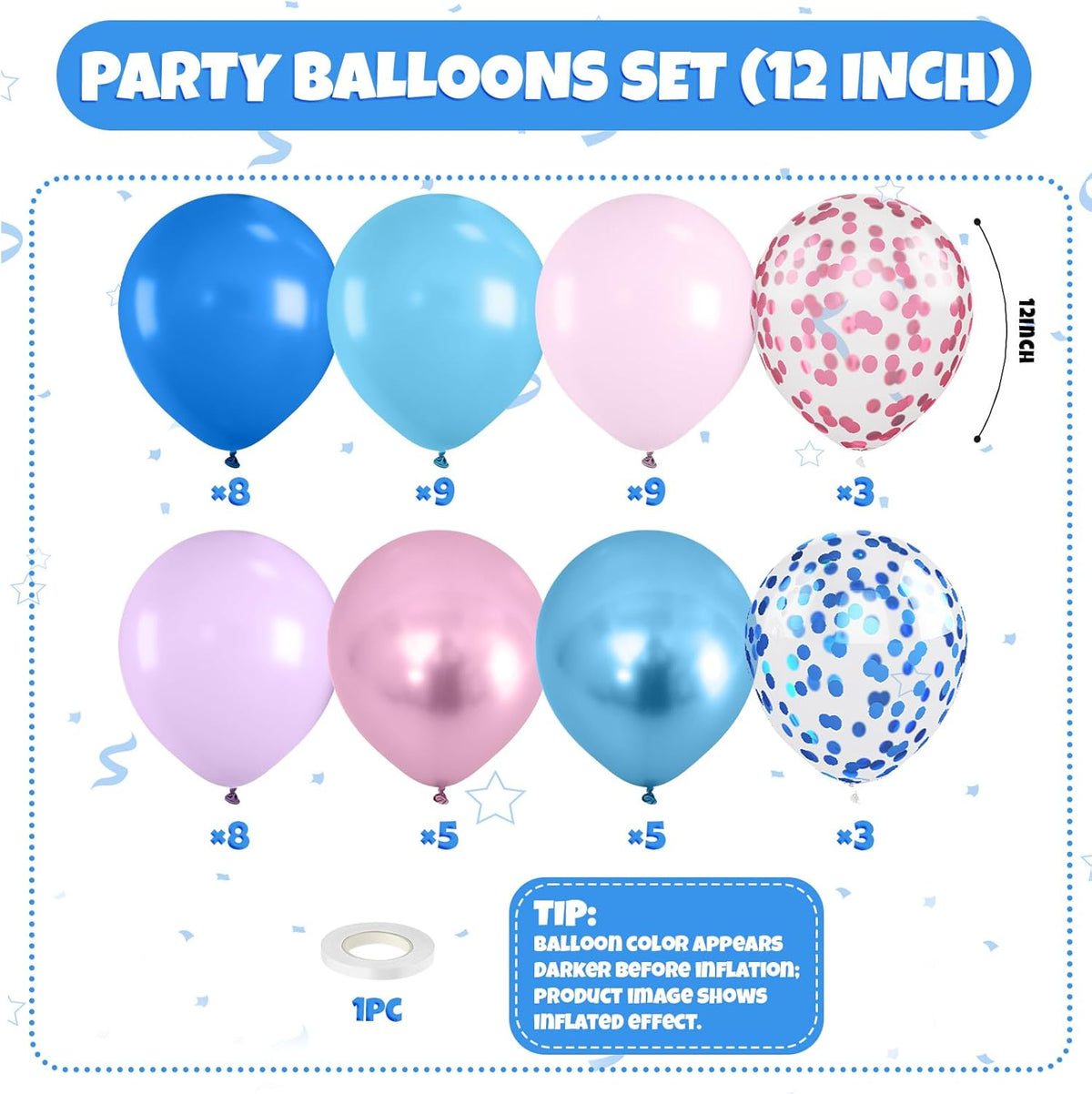 Pink and Blue Balloon, 50Pcs 12 Inch Pastel Pink Blue Purple Confetti, Royal and Metallic Confetti