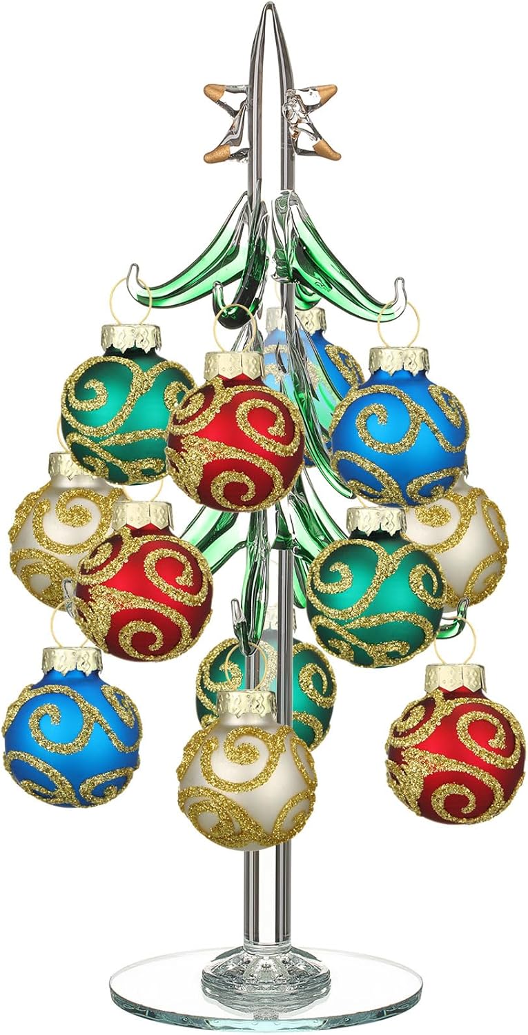 Glass Christmas Tree with 12 Ornament Glitter Balls Tabletop Wine Glass Charms Miniature Christmas