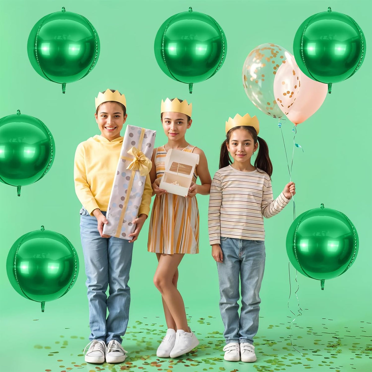 6Pcs Green Round Foil Balloons,Giant 4D Round Ball Balloons,22 Inch Metallic Green Balloon for