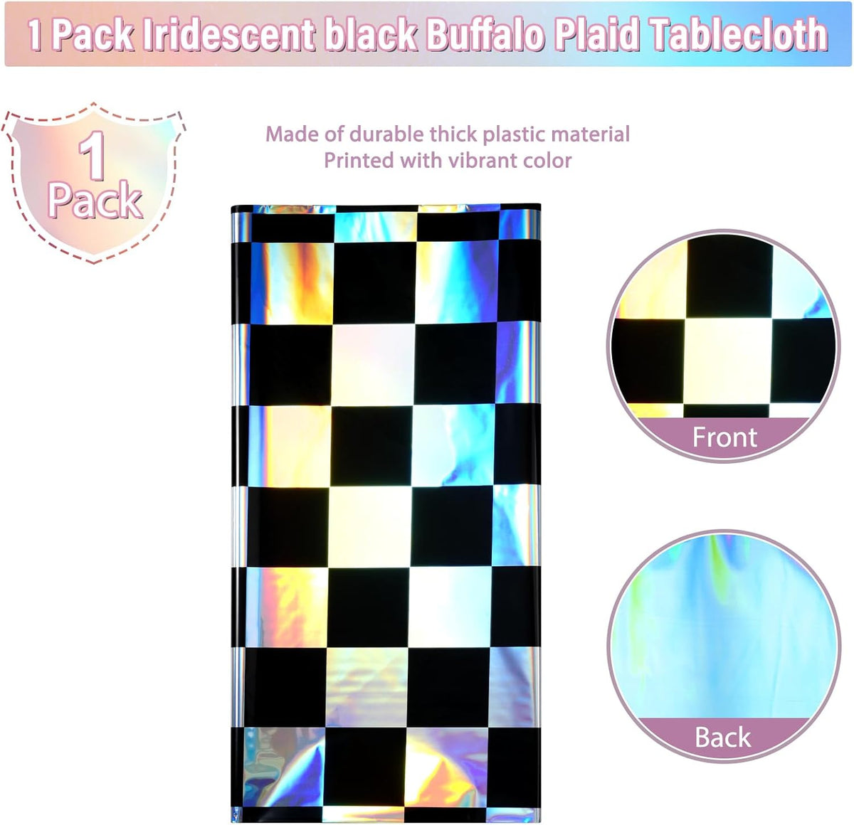 1Pack Black and Iridescent Checkered Plastic Tablecloth, Shiny Disposable Laser Rectangle Table