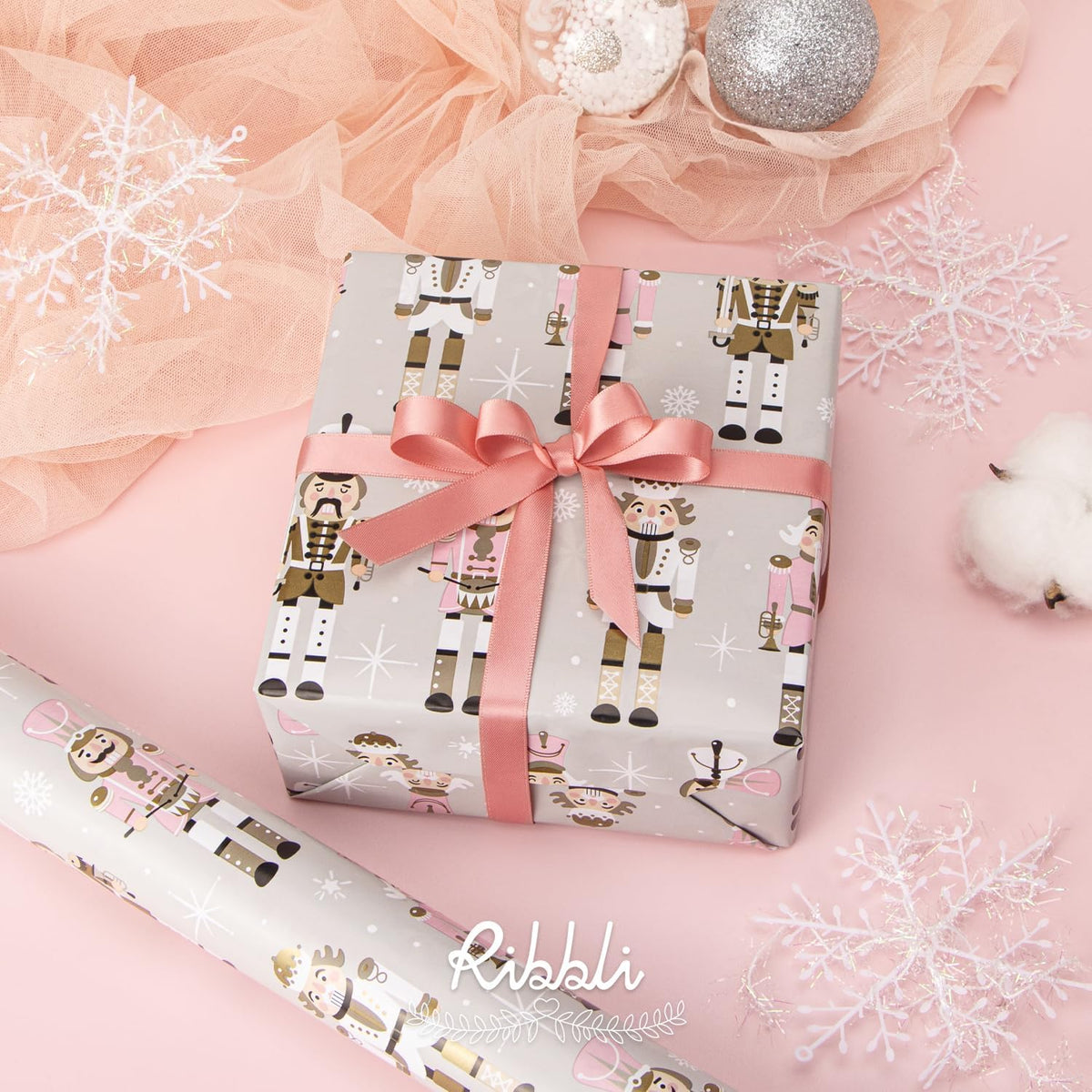 Ribbli Reversible Christmas Wrapping Paper Rolls, Nutcracker and Candy Cane Pink Gift Wrapping