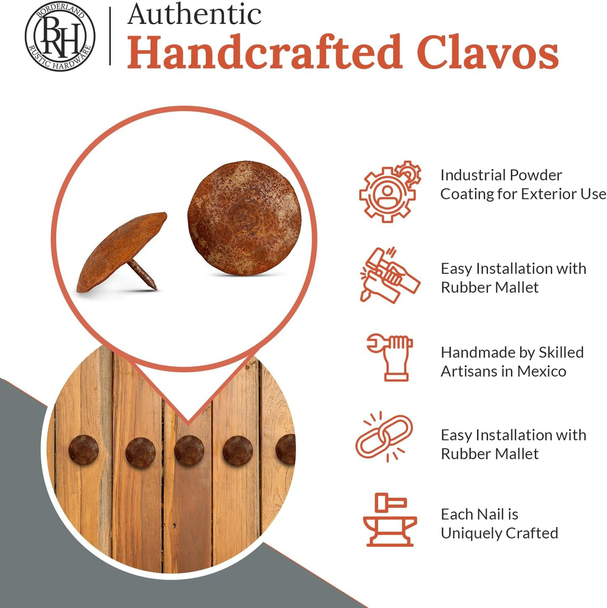50 Pack 2" Round Head Iron Clavos Decorative Nails – Rusted – Handmade Rustic Round Fasteners for